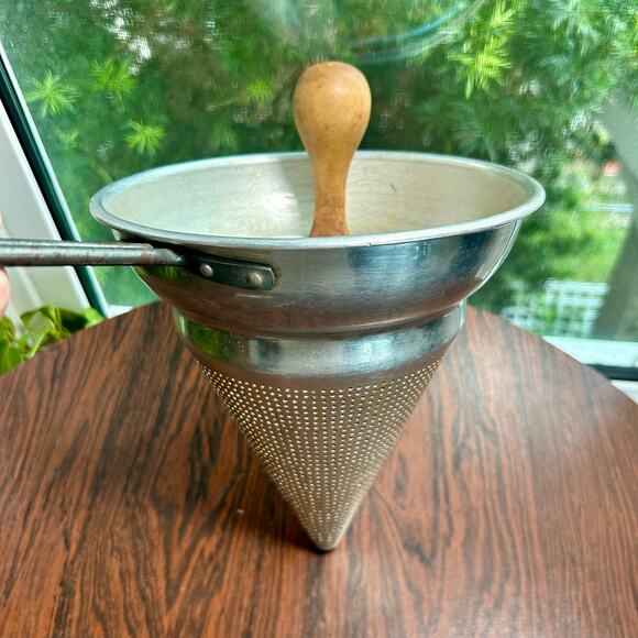Vintage Aluminum Cone Strainer with Wooden Pestle | Farmhouse Kitchen Décor - Picture 4 of 13